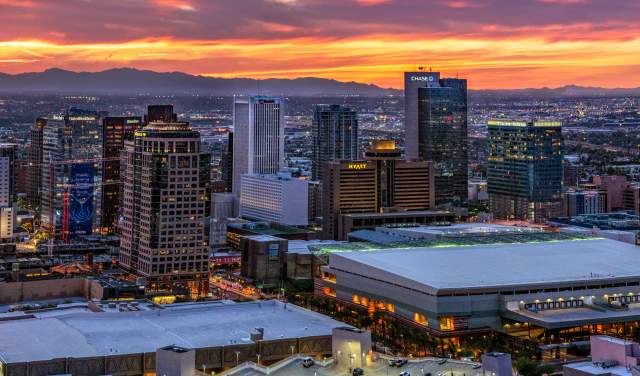 A panorama of downtown Phoenix at sunset